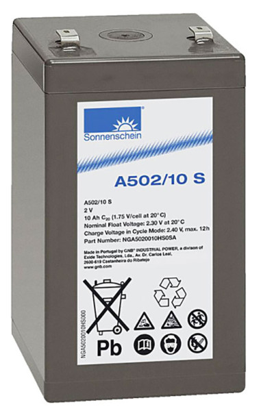 Blei-Batterij Sonnenschein Exide Dryfit A502/10S, 4,8 mm Faston Anschluss, 2 Volt, 10 Ah