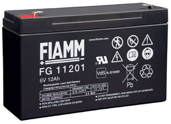 Blei-Batterij Fiamm FG11201, mit VDS-Zulassung, 4,8 mm Faston Anschluss, 6 Volt, 12 Ah