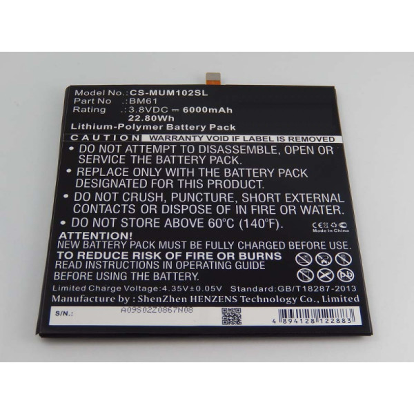 Batterij voor Xiaomi GD4250, Mi Pad 2, als BM61, Li-Polymer, 3,8V, 6Ah