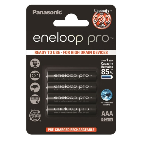 Batterijs Panasonic Eneloop Pro Micro AAA, HR03, LR03, BK-4HCDE/4BE, 1,2 Volt, Ni-Mh, 950 mAh, 4 Stück