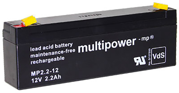 Blei-Batterij Multipower MP2.3-12 (2.2-12), mit VDS-Zulassung, 4,8 mm Faston Anschluss, 12 Volt, 2,3 Ah