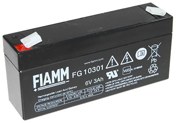 Blei-Batterij Fiamm FG10301, mit VDS-Zulassung, 4,8 mm Faston Anschluss, 6 Volt, 3 Ah