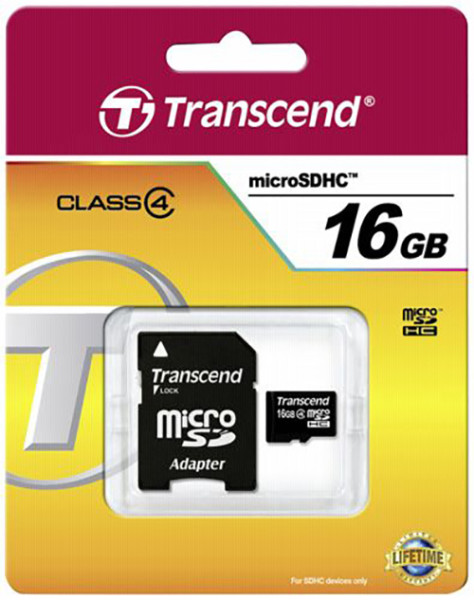 Speicherkarte micro-SD HC Card (Trans Flash), 16GB, Class 4, inkl. Adapter auf SD-Card