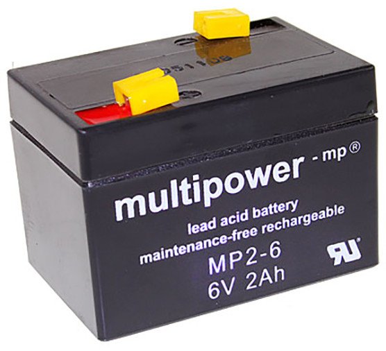Blei-Batterij Multipower MP2-6, 4,8 mm Faston Anschluss, 6 Volt, 2 Ah