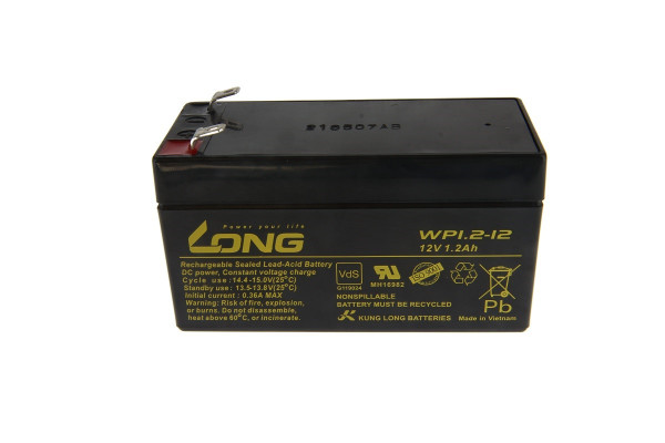 Blei-Batterij Long MP1.2-12, mit VDS-Zulassung, 4,8mm Faston Anschluss, 12 Volt, 1,2 Ah