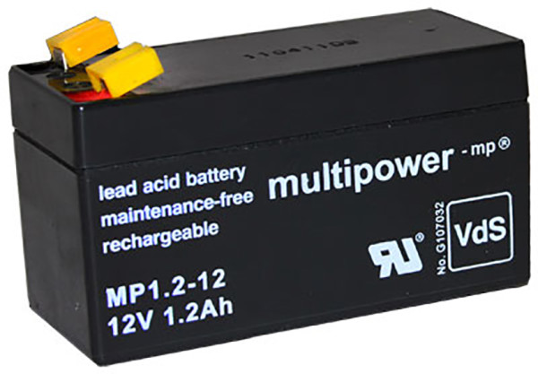 Blei-Batterij Multipower MP1.2-12, mit VDS-Zulassung, 4,8 mm Faston Anschluss, 12 Volt, 1,2 Ah